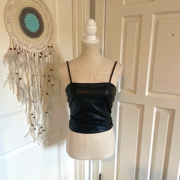 WAYF Black Talia Rodeo Drive Faux Leather Ruched Cami Crop Top – Size S - Picture 1 of 16